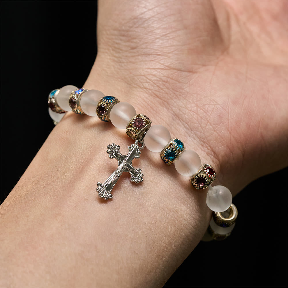 Frosted Green Agate & White Glass Cross Bracelet: Gentle Faith in Luminous Texture