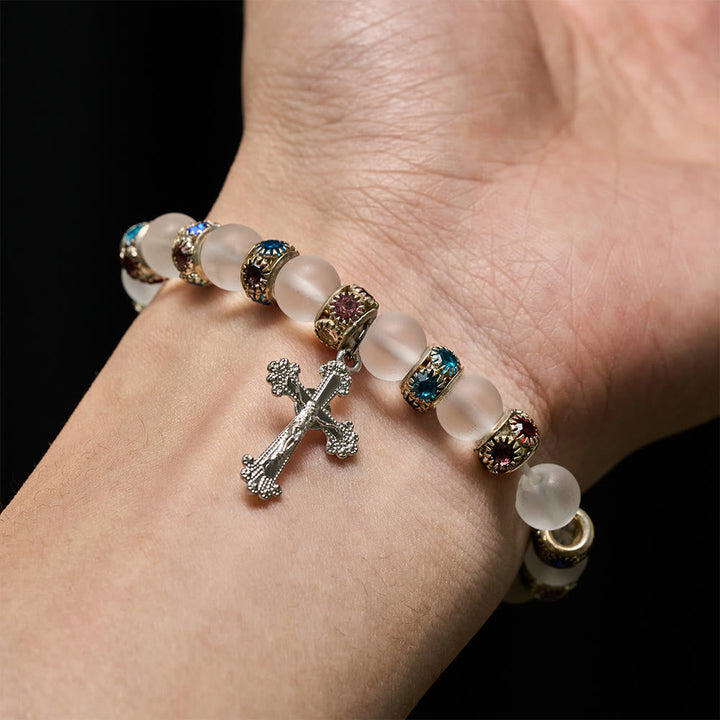 Frosted Green Agate & White Glass Cross Bracelet: Gentle Faith in Luminous Texture