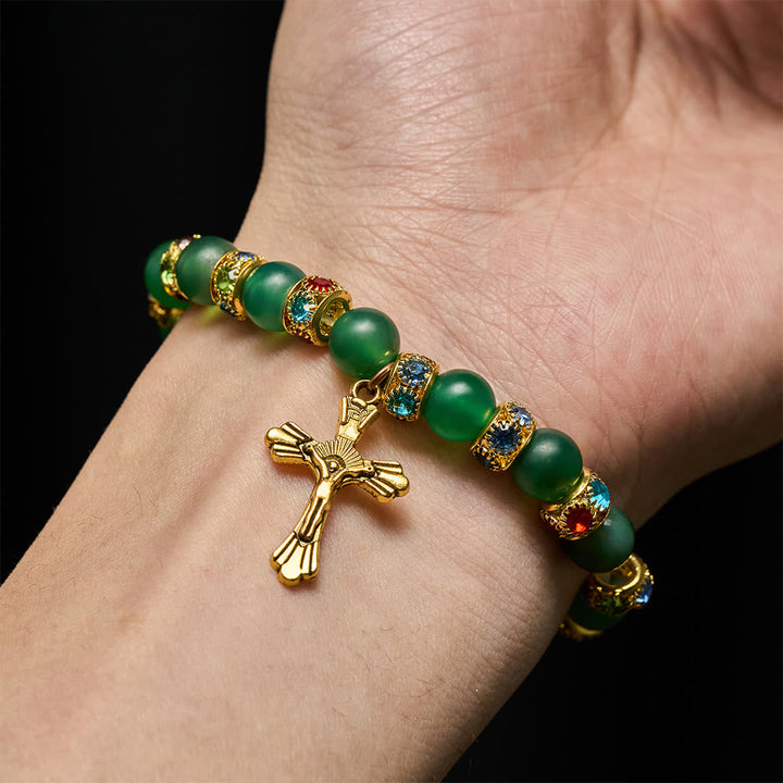 Frosted Green Agate & White Glass Cross Bracelet: Gentle Faith in Luminous Texture