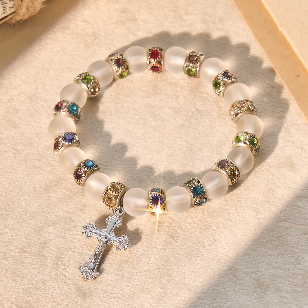 Frosted Green Agate & White Glass Cross Bracelet: Gentle Faith in Luminous Texture
