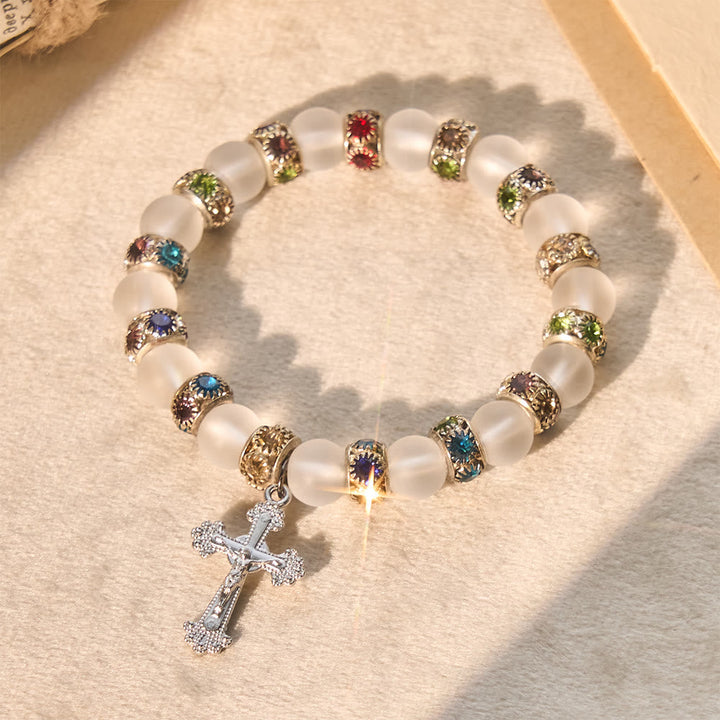 Frosted Green Agate & White Glass Cross Bracelet: Gentle Faith in Luminous Texture