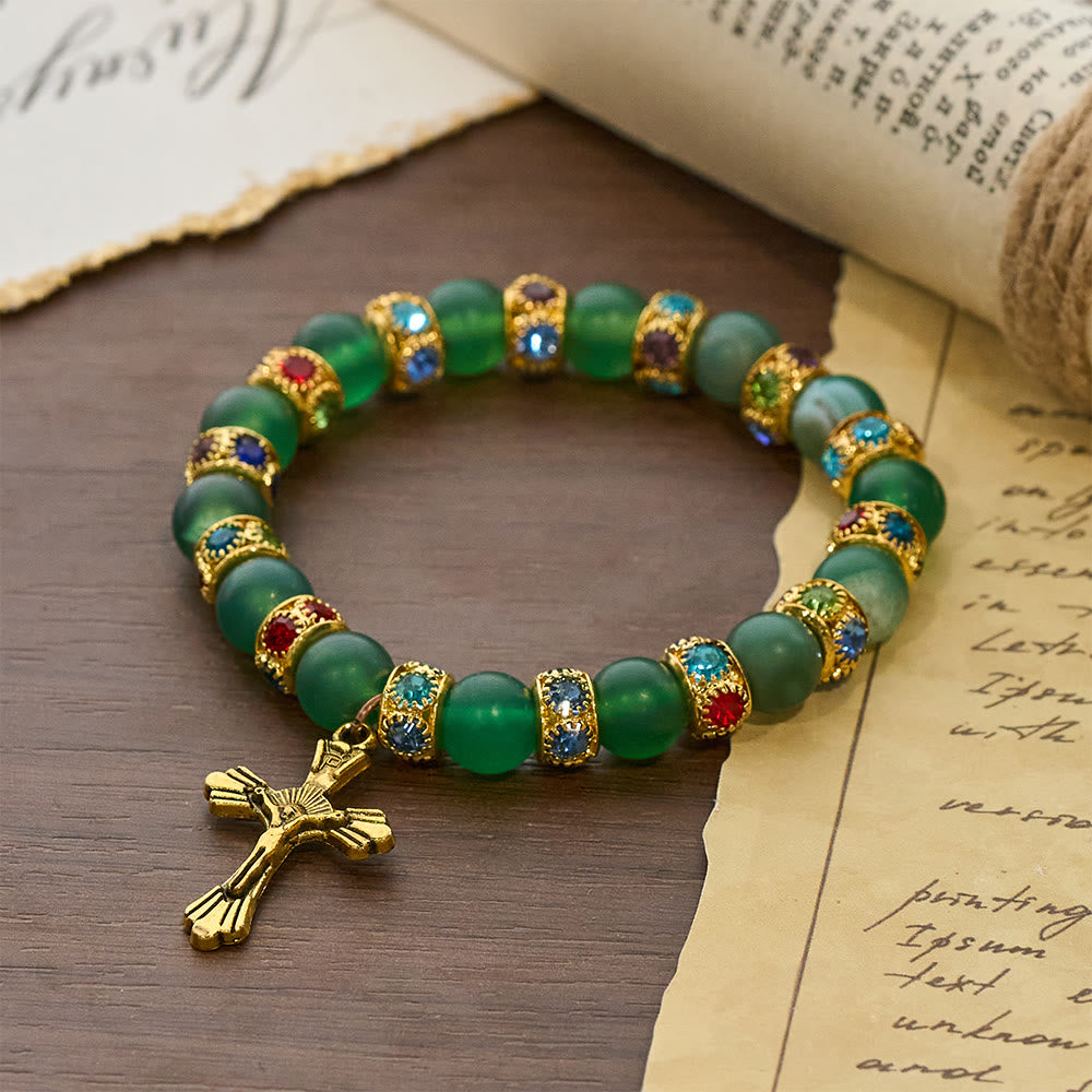 Frosted Green Agate & White Glass Cross Bracelet: Gentle Faith in Luminous Texture