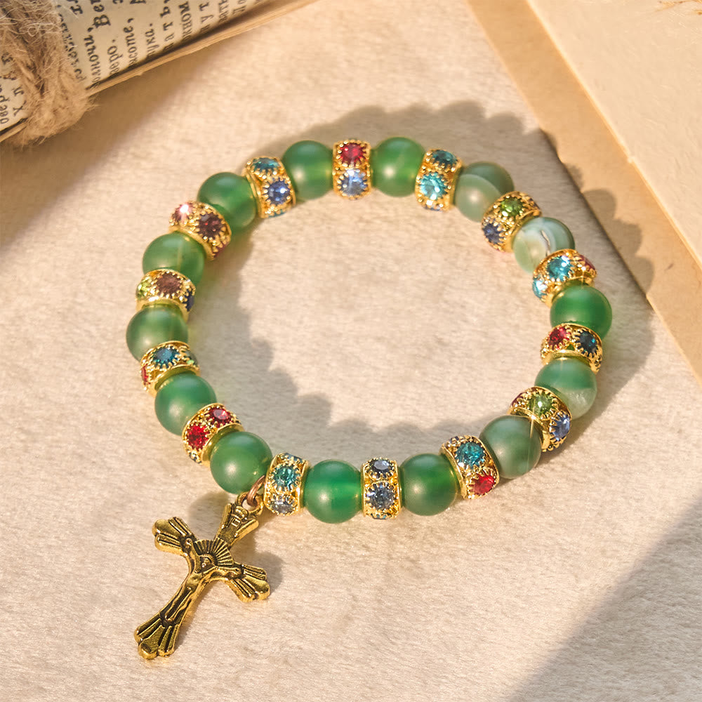 Frosted Green Agate & White Glass Cross Bracelet: Gentle Faith in Luminous Texture