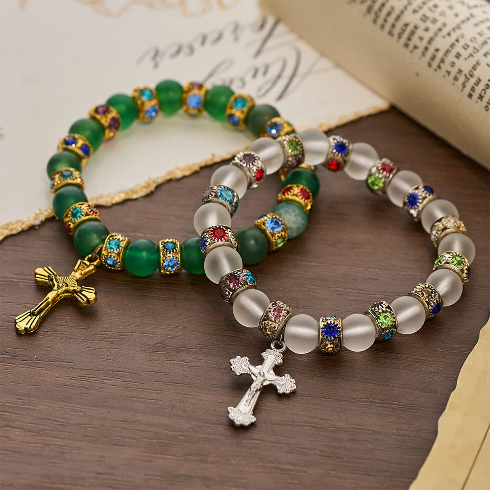 Frosted Green Agate & White Glass Cross Bracelet: Gentle Faith in Luminous Texture