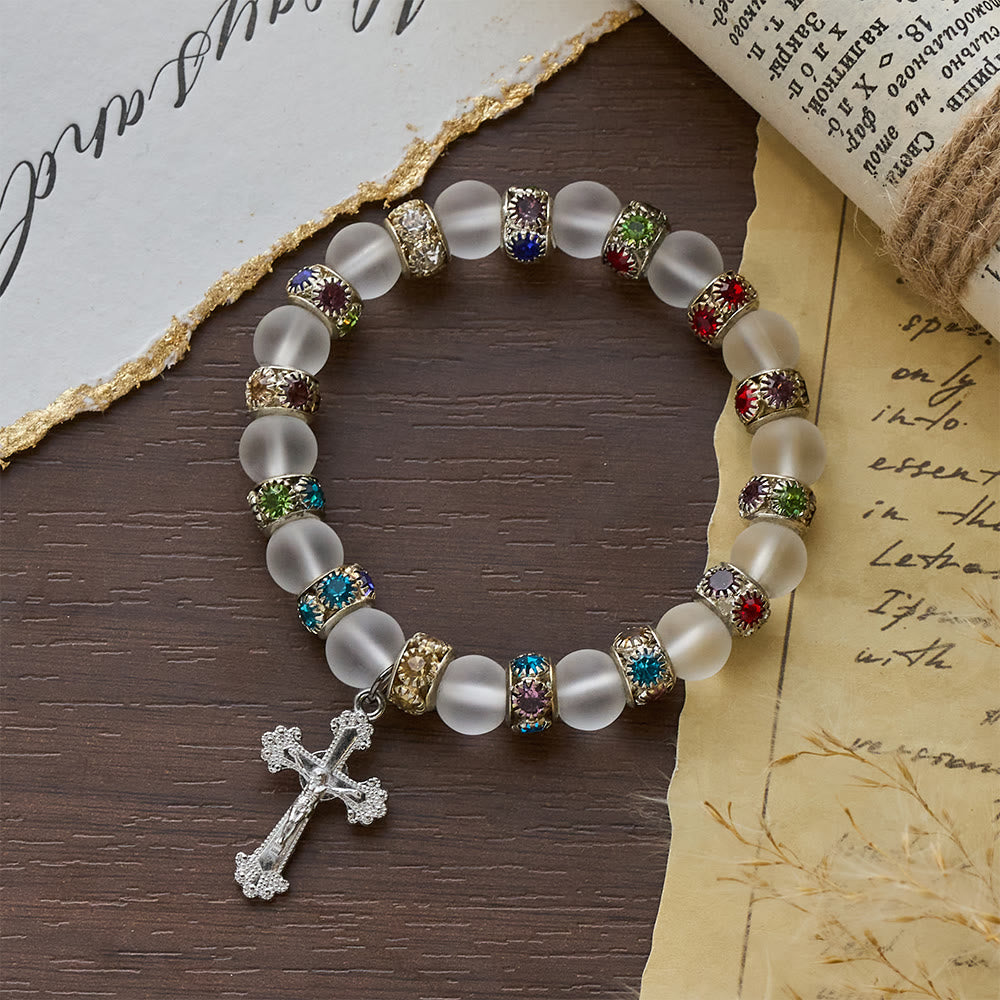 Frosted Green Agate & White Glass Cross Bracelet: Gentle Faith in Luminous Texture