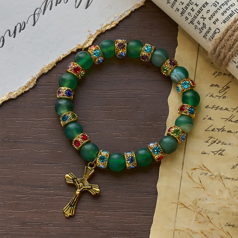 Frosted Green Agate & White Glass Cross Bracelet: Gentle Faith in Luminous Texture