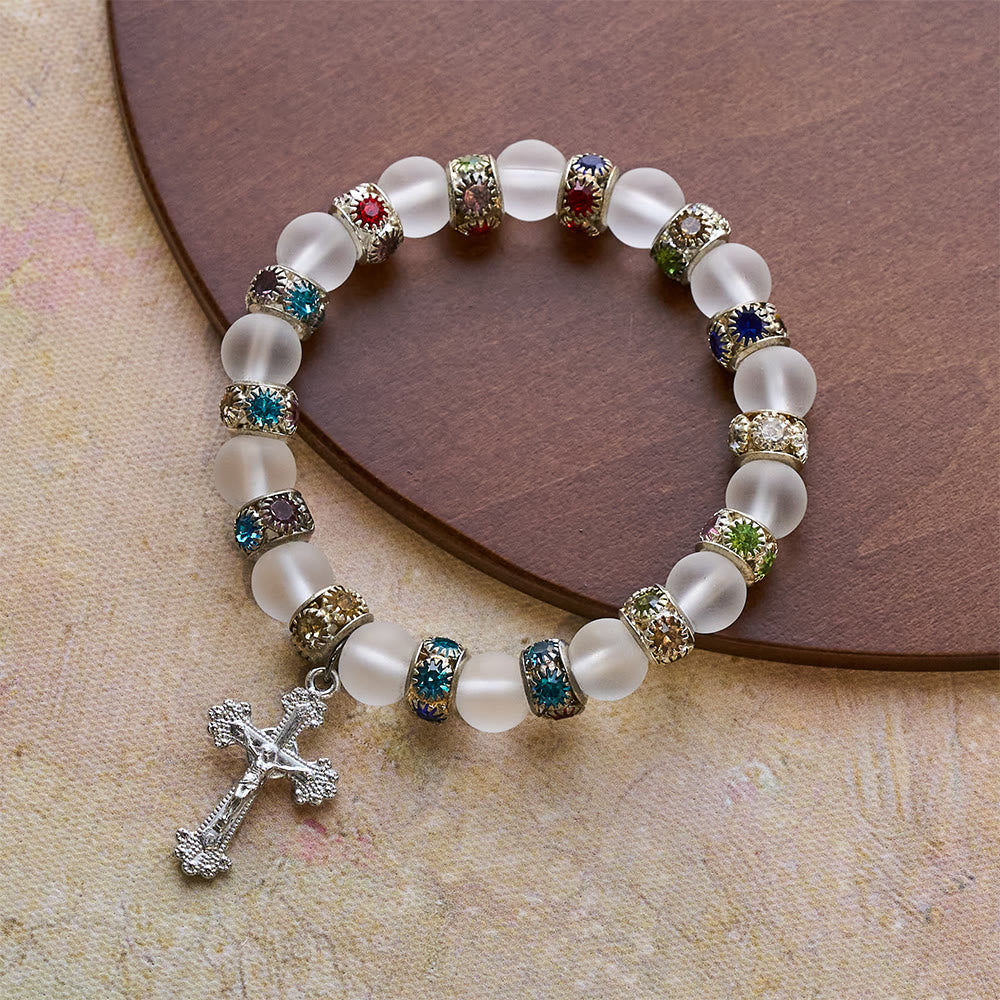 Frosted Green Agate & White Glass Cross Bracelet: Gentle Faith in Luminous Texture