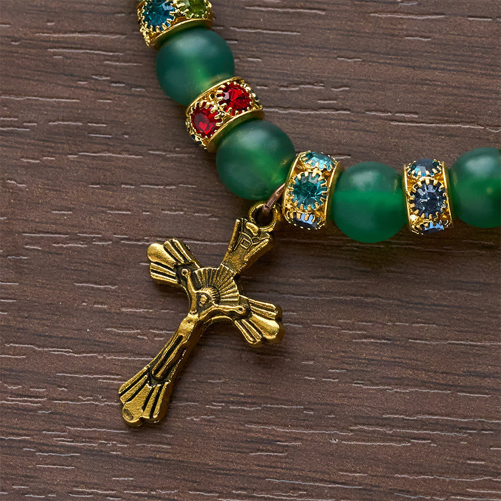 Frosted Green Agate & White Glass Cross Bracelet: Gentle Faith in Luminous Texture