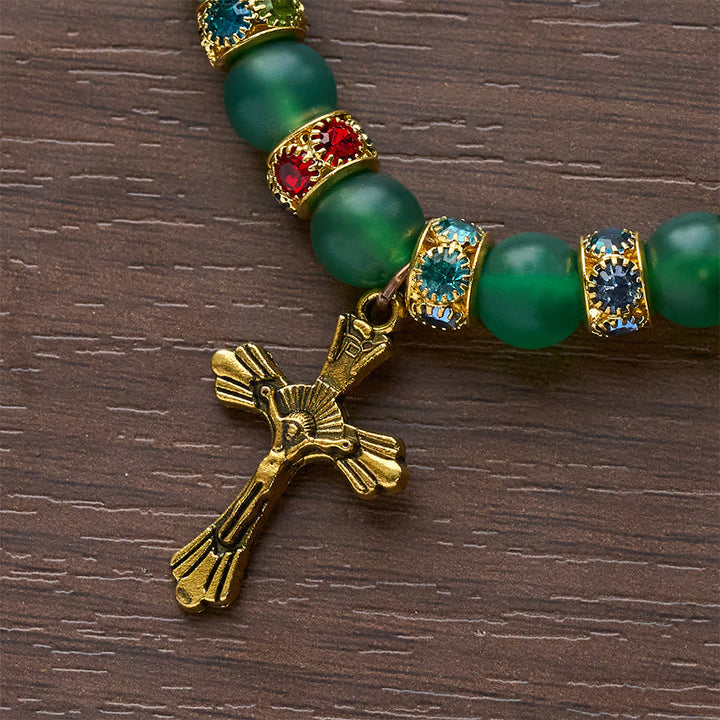 Frosted Green Agate & White Glass Cross Bracelet: Gentle Faith in Luminous Texture