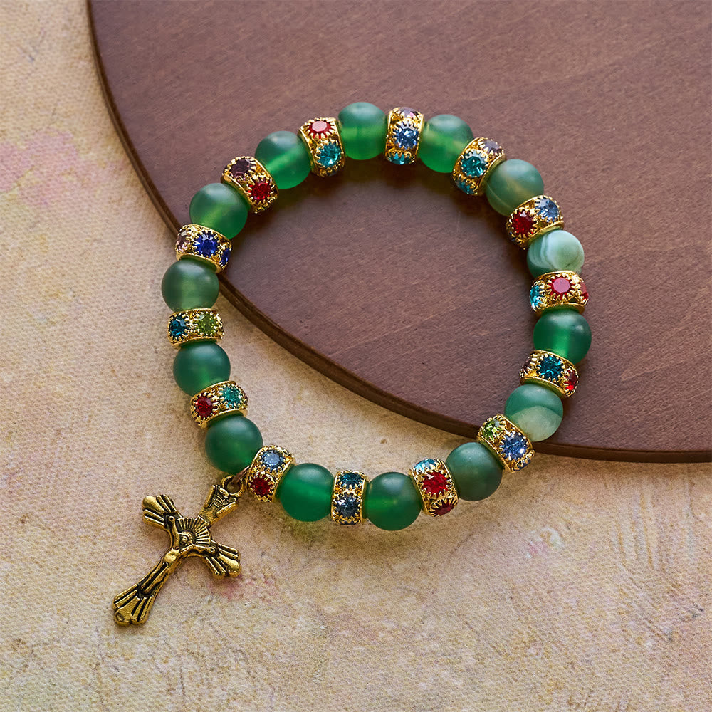 Frosted Green Agate & White Glass Cross Bracelet: Gentle Faith in Luminous Texture