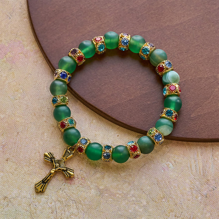 Frosted Green Agate & White Glass Cross Bracelet: Gentle Faith in Luminous Texture
