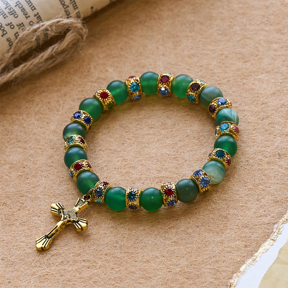 Frosted Green Agate & White Glass Cross Bracelet: Gentle Faith in Luminous Texture