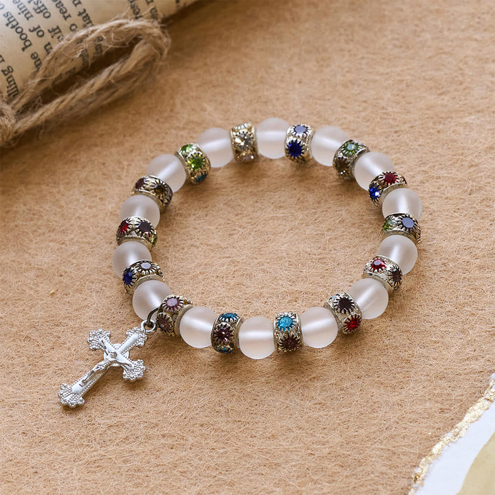 Frosted Green Agate & White Glass Cross Bracelet: Gentle Faith in Luminous Texture