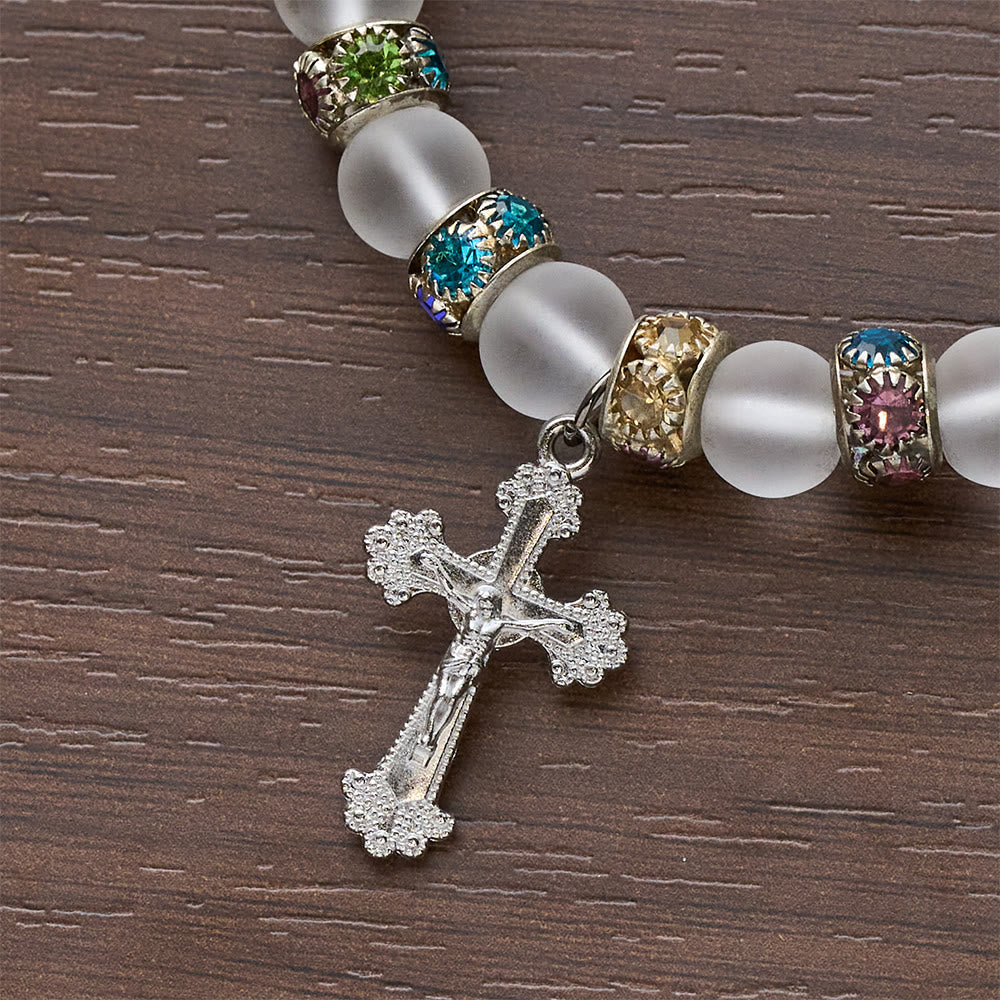 Frosted Green Agate & White Glass Cross Bracelet: Gentle Faith in Luminous Texture