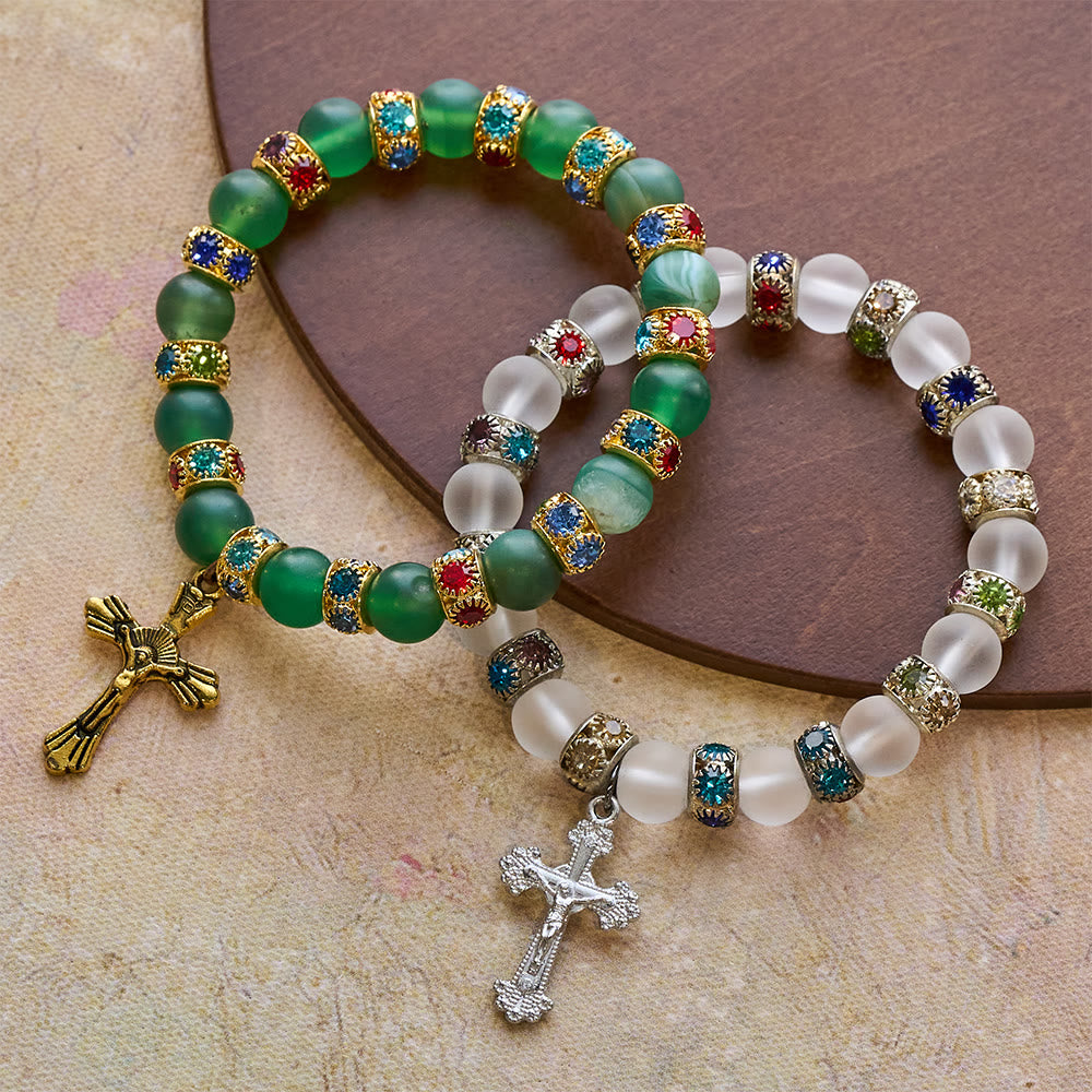 Frosted Green Agate & White Glass Cross Bracelet: Gentle Faith in Luminous Texture