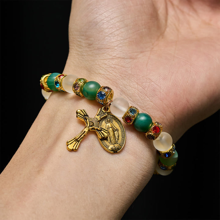 Smooth Frosted Agate Crucifx & Our Lady Bracelet: Remind of His Tender Love