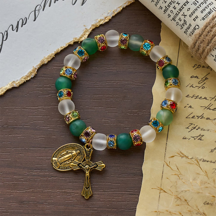 Smooth Frosted Agate Crucifx & Our Lady Bracelet: Remind of His Tender Love