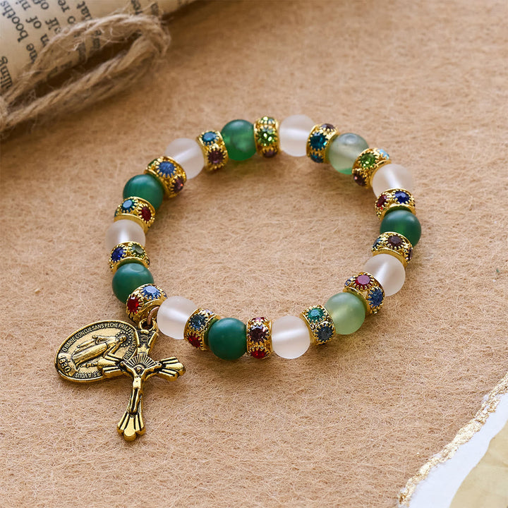 Smooth Frosted Agate Crucifx & Our Lady Bracelet: Remind of His Tender Love
