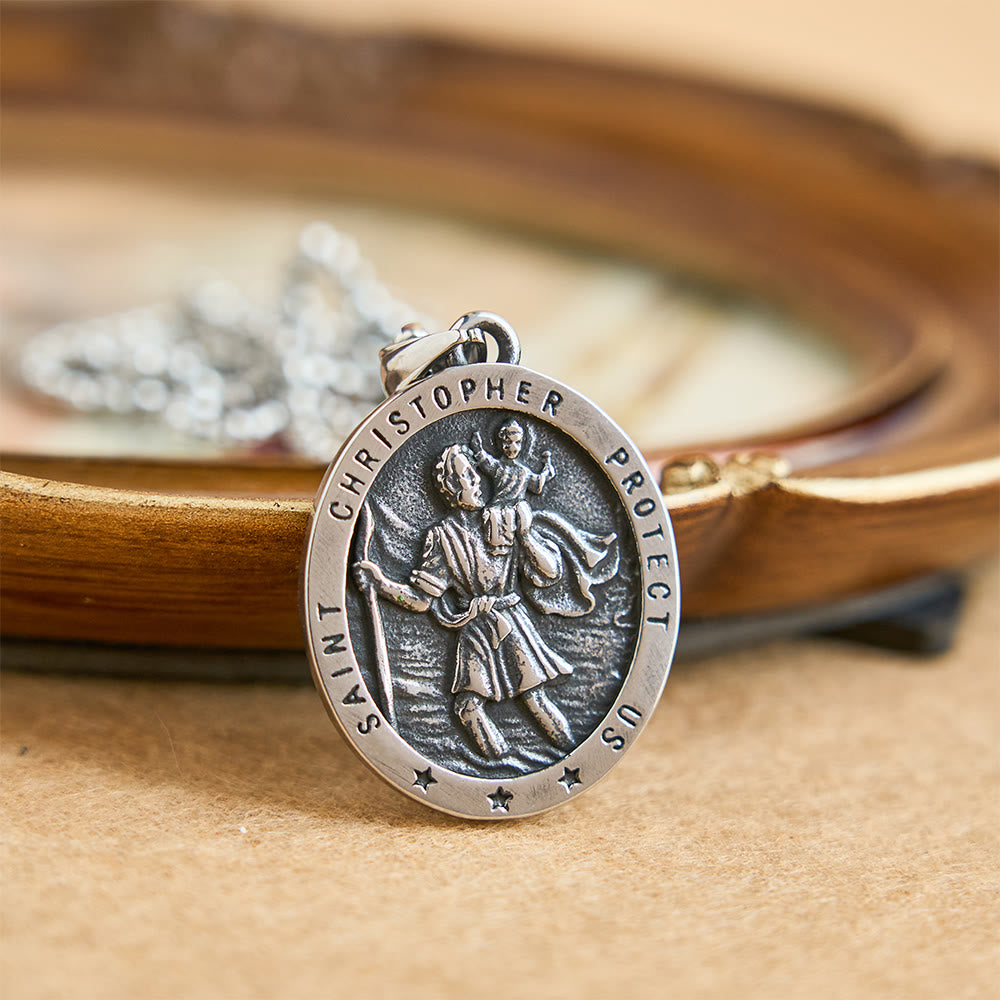 St. Christopher Protect Us Oval Medallion Necklace: Embody His Traveler’s Protection