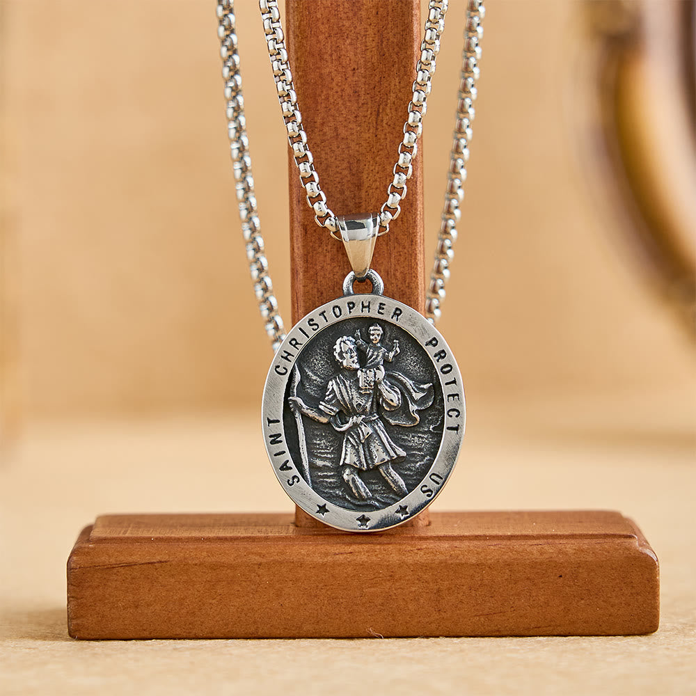 St. Christopher Protect Us Oval Medallion Necklace: Embody His Traveler’s Protection