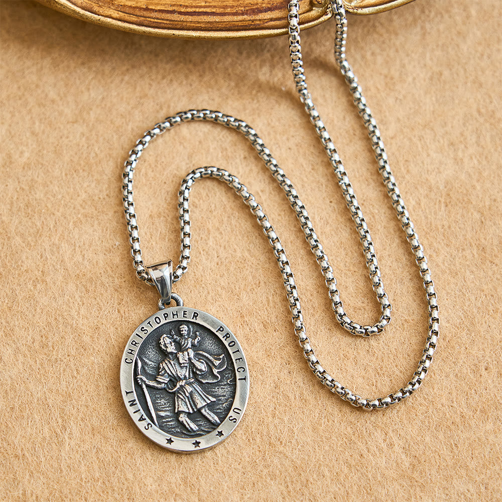 St. Christopher Protect Us Oval Medallion Necklace: Embody His Traveler’s Protection