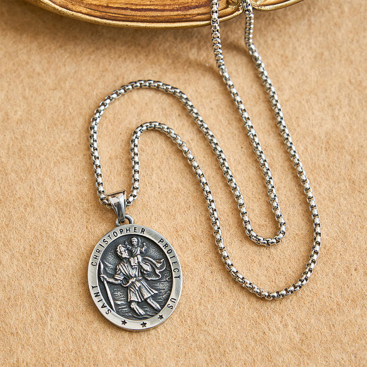 St. Christopher Protect Us Oval Medallion Necklace: Embody His Traveler’s Protection