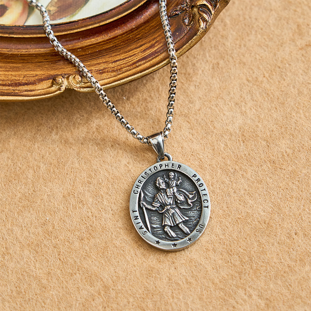 St. Christopher Protect Us Oval Medallion Necklace: Embody His Traveler’s Protection