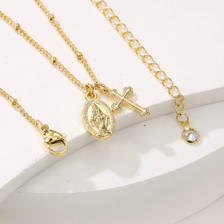 Cross & Our Lady Dual Pendant Golden Necklace: Embody His Grace and Maternal Care