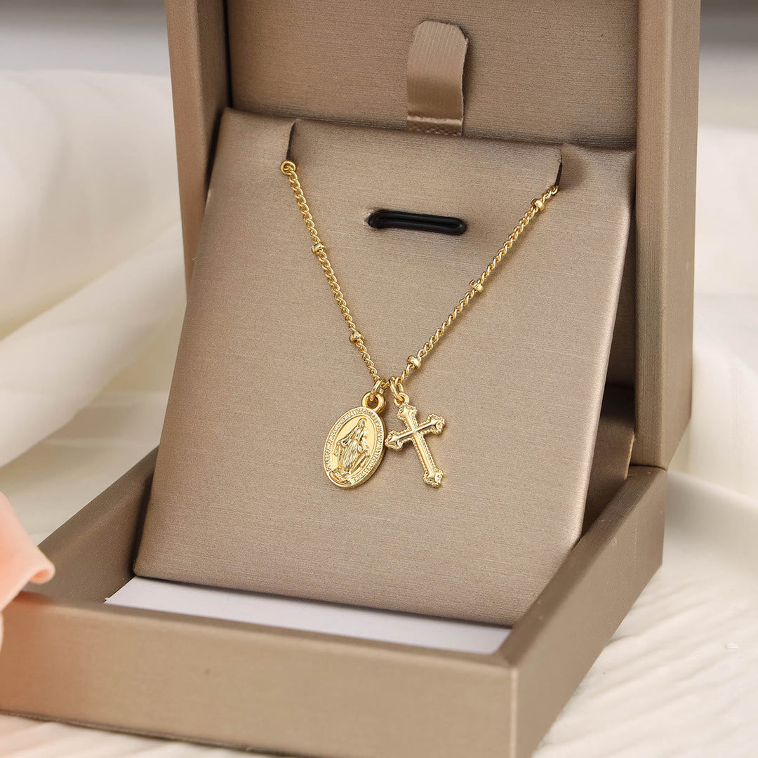 Cross & Our Lady Dual Pendant Golden Necklace: Embody His Grace and Maternal Care