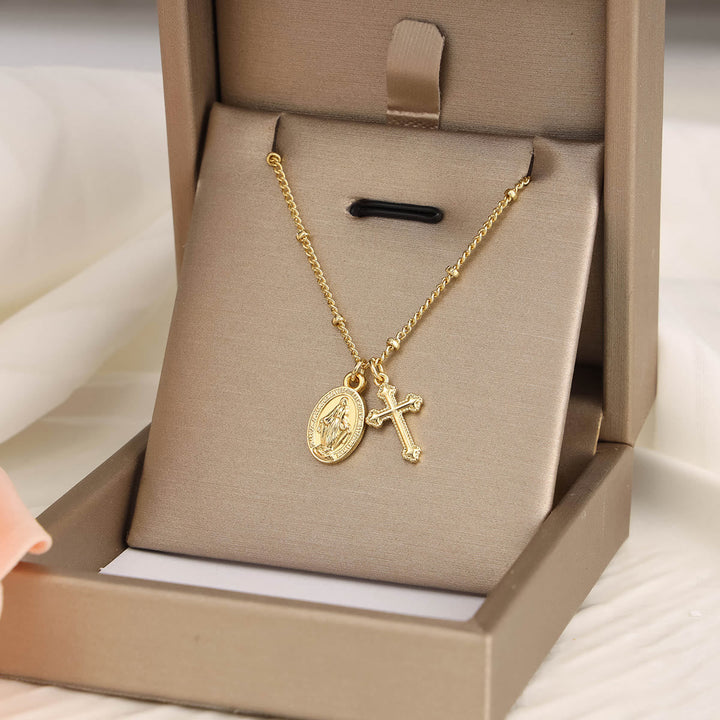 Cross & Our Lady Dual Pendant Golden Necklace: Embody His Grace and Maternal Care