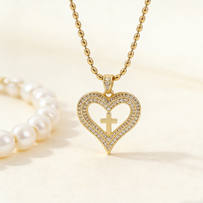 Golden Heart & Cross Sparkle Pendant Necklace: Embody His Sacred Love