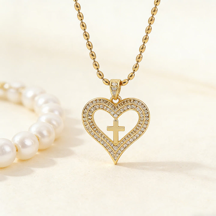 Golden Heart & Cross Sparkle Pendant Necklace: Embody His Sacred Love