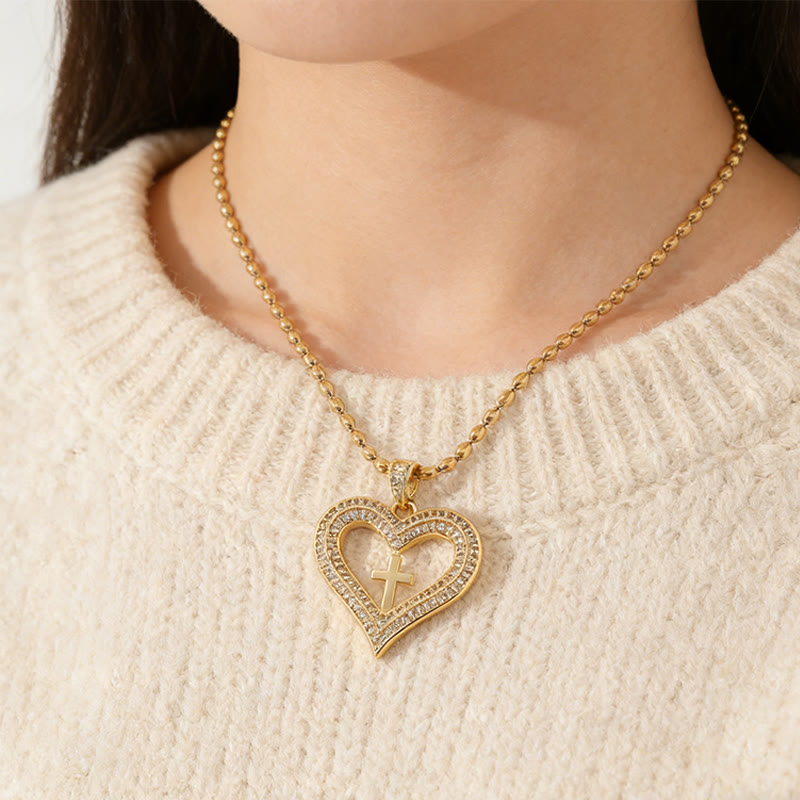 Golden Heart & Cross Sparkle Pendant Necklace: Embody His Sacred Love