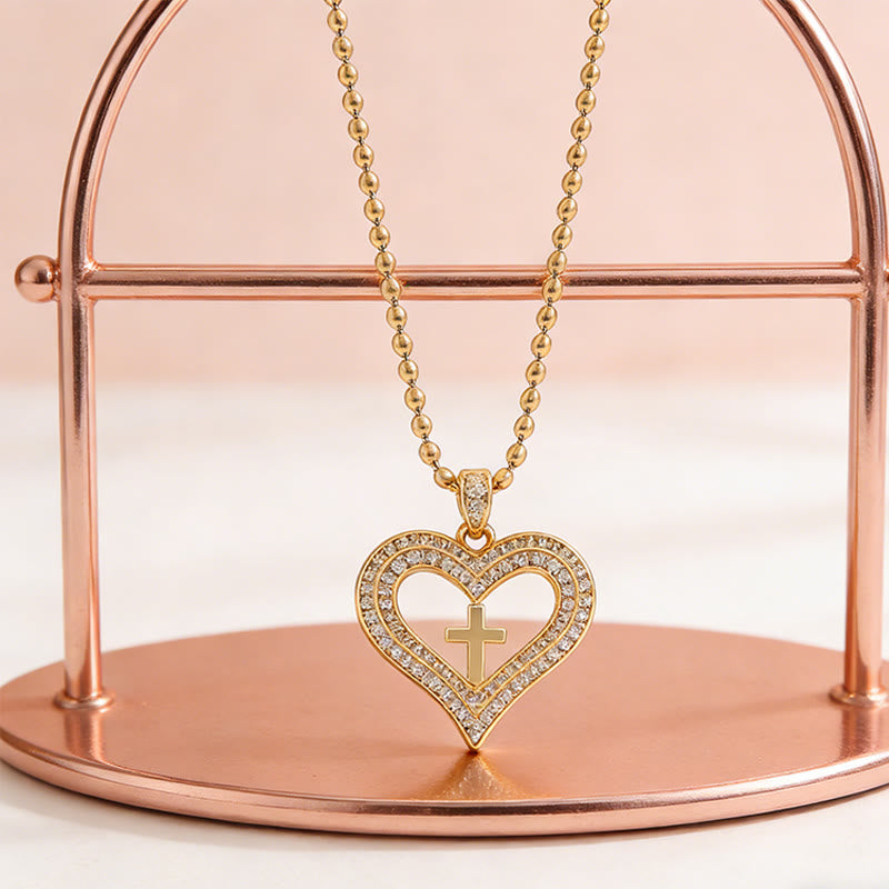 Golden Heart & Cross Sparkle Pendant Necklace: Embody His Sacred Love