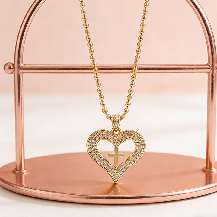 Golden Heart & Cross Sparkle Pendant Necklace: Embody His Sacred Love