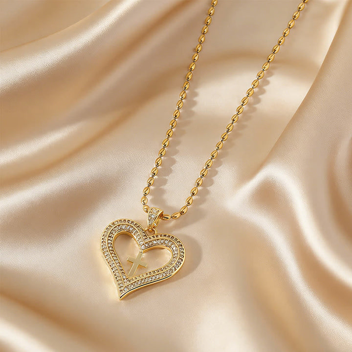Golden Heart & Cross Sparkle Pendant Necklace: Embody His Sacred Love