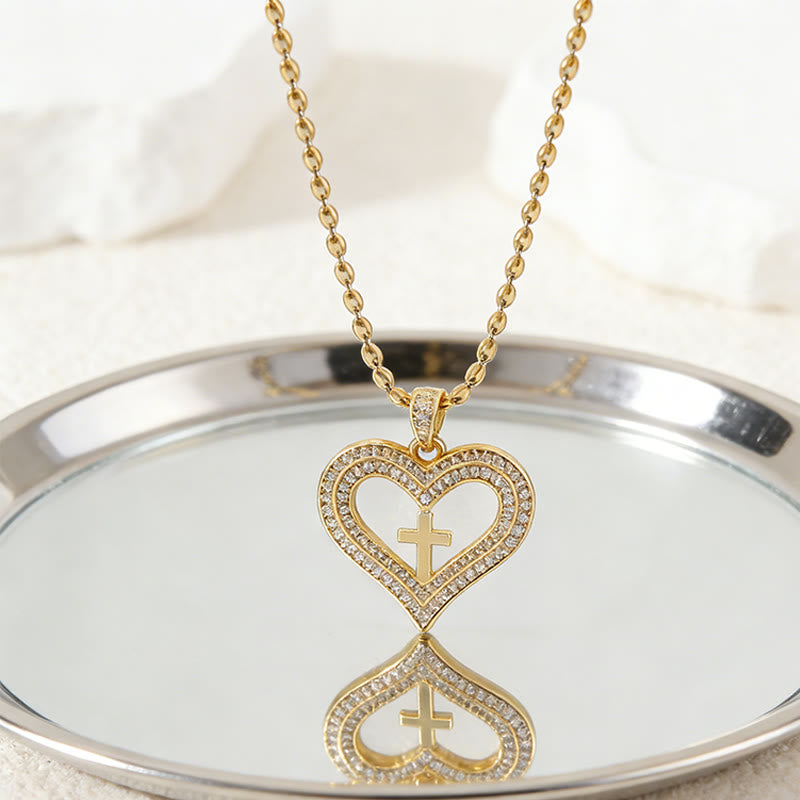 Golden Heart & Cross Sparkle Pendant Necklace: Embody His Sacred Love