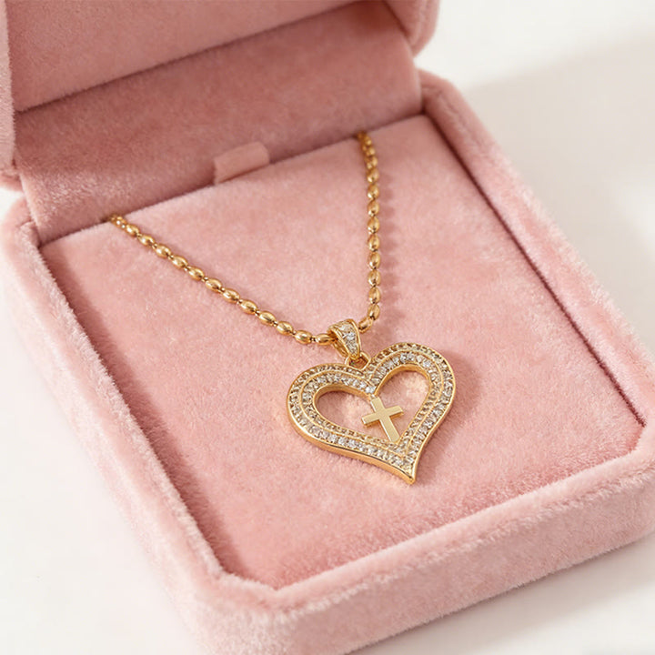 Golden Heart & Cross Sparkle Pendant Necklace: Embody His Sacred Love