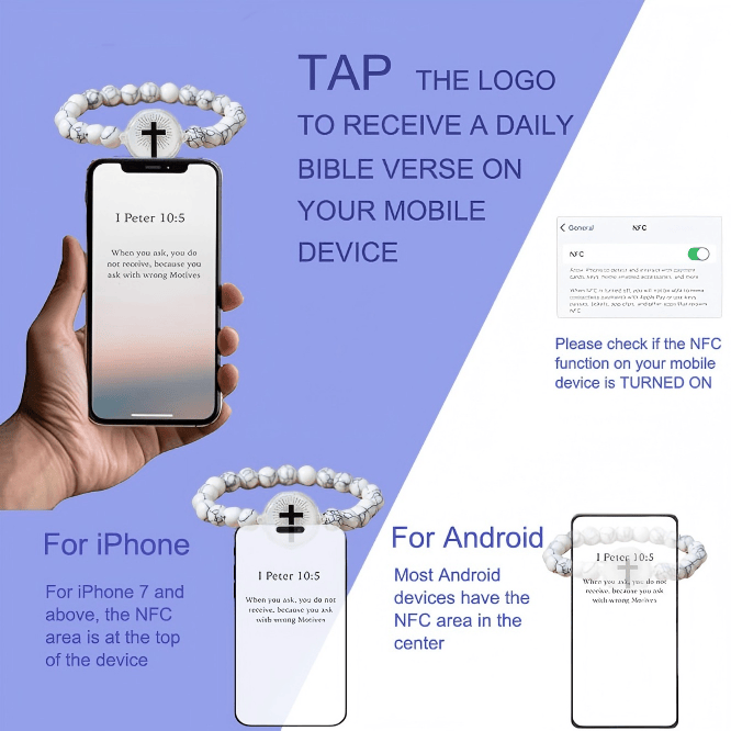NFC-Enabled Natural Stone Bible Verse Bracelet: Tap to Receive Daily Jesus’ Word