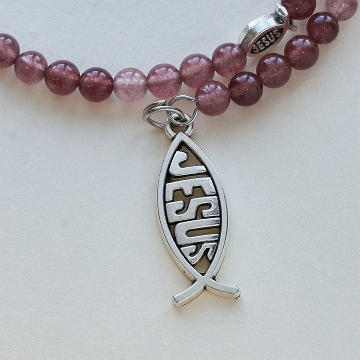 Strawberry Quartz Bracelet with Crucifix & Ichthys Charm