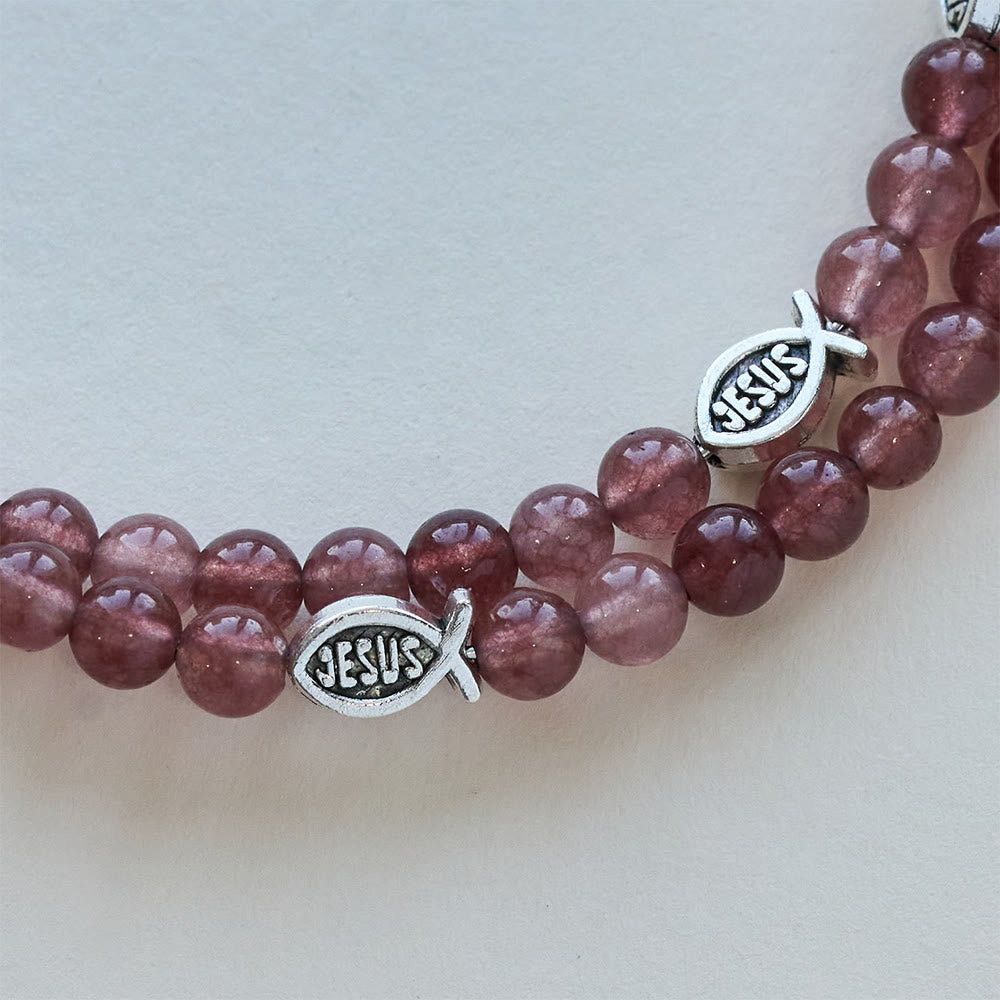 Strawberry Quartz Bracelet with Crucifix & Ichthys Charm