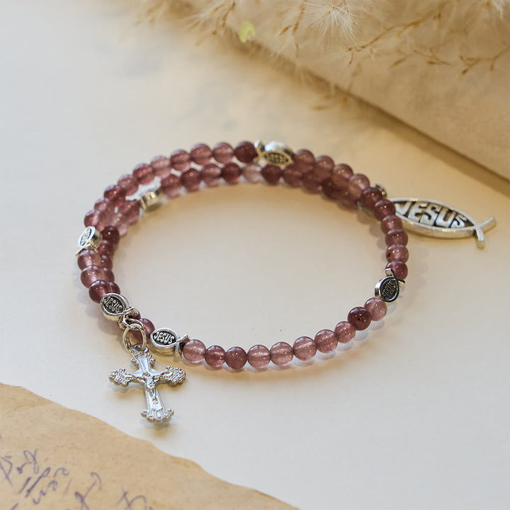 Strawberry Quartz Bracelet with Crucifix & Ichthys Charm
