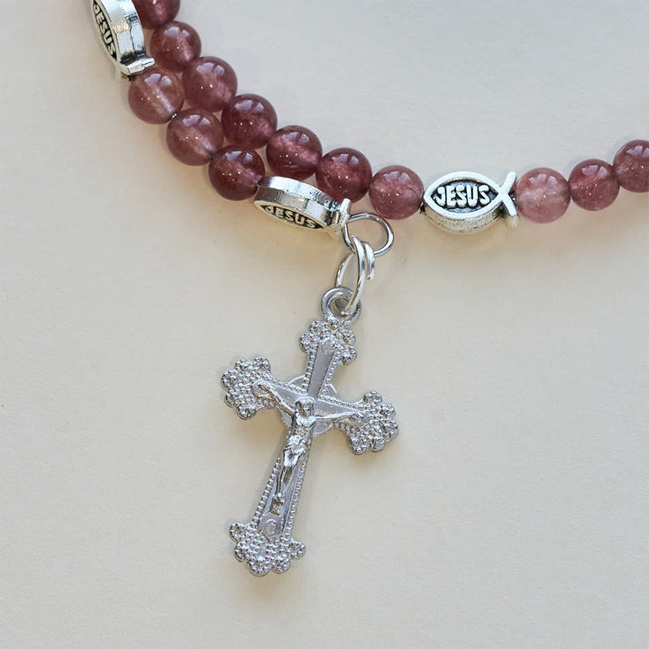 Strawberry Quartz Bracelet with Crucifix & Ichthys Charm