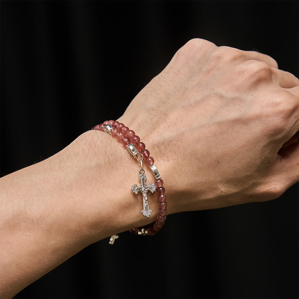 Strawberry Quartz Bracelet with Crucifix & Ichthys Charm