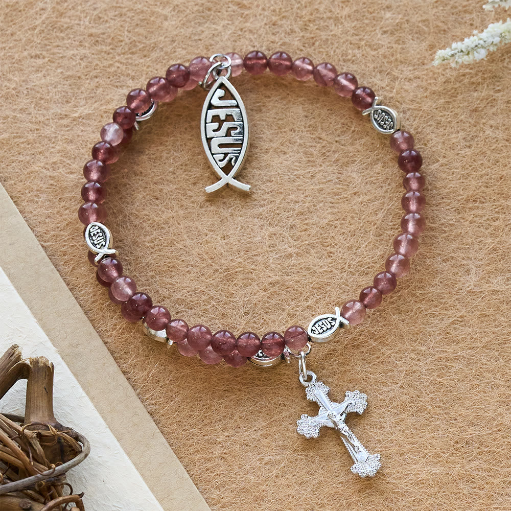 Strawberry Quartz Bracelet with Crucifix & Ichthys Charm