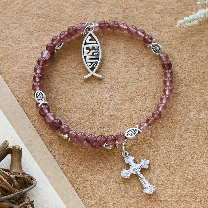 Strawberry Quartz Bracelet with Crucifix & Ichthys Charm
