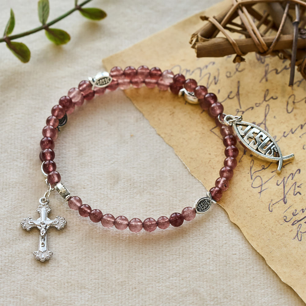 Strawberry Quartz Bracelet with Crucifix & Ichthys Charm