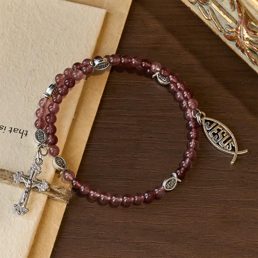 Strawberry Quartz Bracelet with Crucifix & Ichthys Charm
