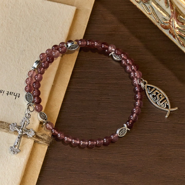 Strawberry Quartz Bracelet with Crucifix & Ichthys Charm