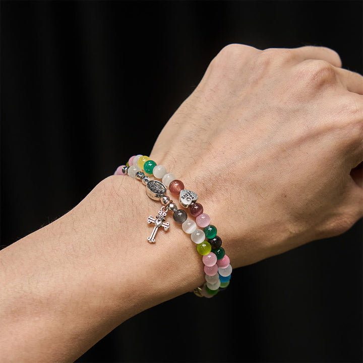 Multi-Color Cat’s Eye Bead Bracelet(Necklace for Kids) with I Love Jesus & Archangel Medals